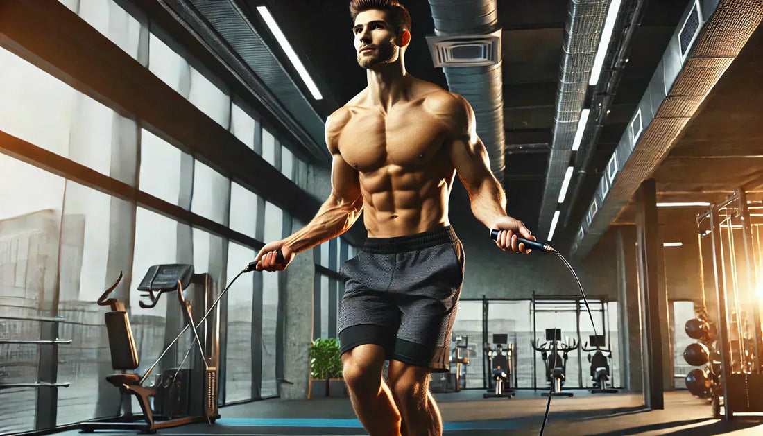 A fit and athletic man jumping rope in a modern gym, shirtless, highlighting his sculpted abs. The scene conveys energy and motivation