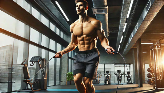 A fit and athletic man jumping rope in a modern gym, shirtless, highlighting his sculpted abs. The scene conveys energy and motivation